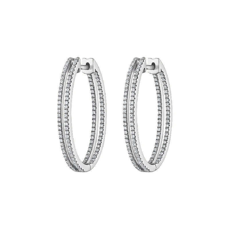 Silver Gemstone Stud Earrings-14KT GOLD DIAMOND TWO ROW OVAL HOOP EARRING