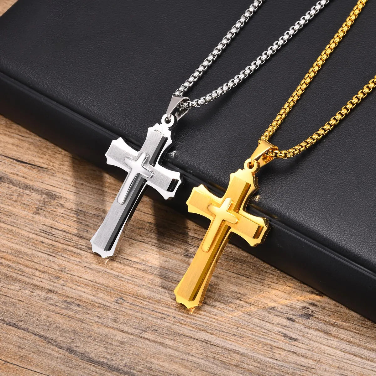 Fashion Necklaces-Simple Style Cross Stainless Steel Plating Three-dimensional 18k Gold Plated Men's Pendant Necklace