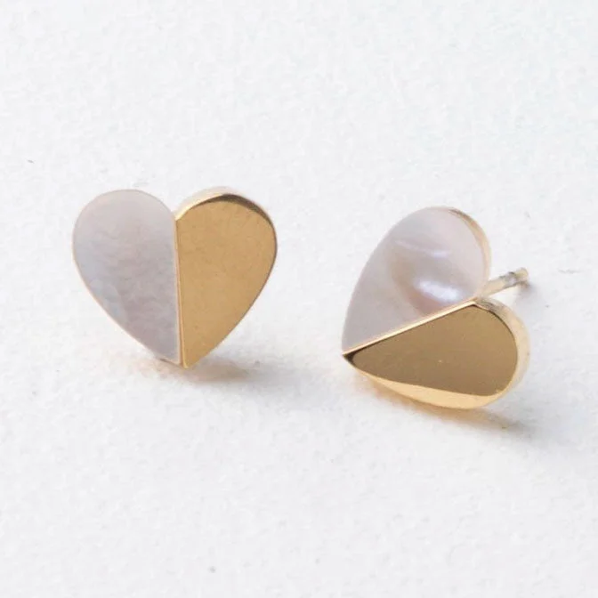 Bright Silver Earrings-Mother-Of-Pearl Gold Heart Studs, China