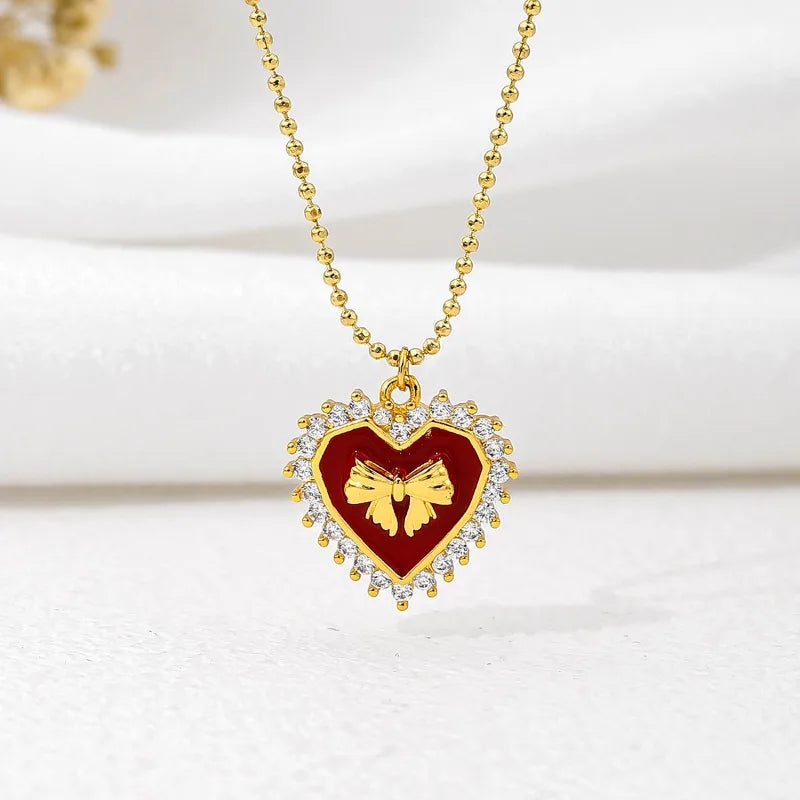 Personalized Pendant Necklaces-Copper 18K Gold Plated Simple Style Classic Style Plating Inlay Heart Shape Bow Knot Zircon Pendant Necklace