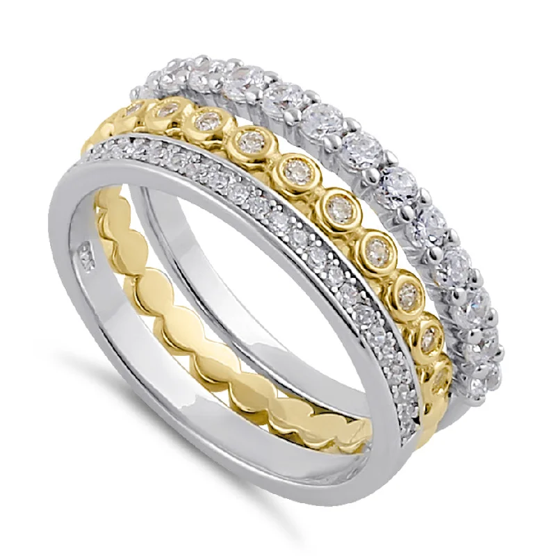 Gemstone Promise Wedding Rings-Sterling Silver Triple Stack with Single Yellow Plated Clear CZ Rings