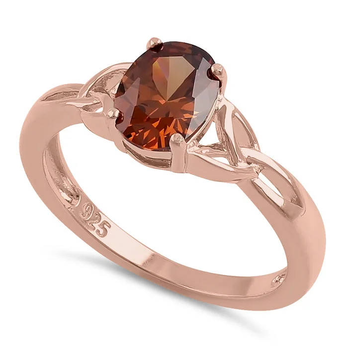 Fashionable Cocktail Rings-Sterling Silver Rose Gold Plated Charmed Oval Brown CZ Ring