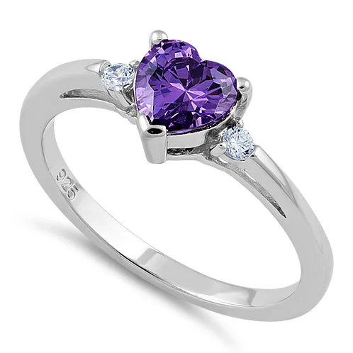 Affordable Engagement Rings-Sterling Silver Amethyst Heart CZ Ring