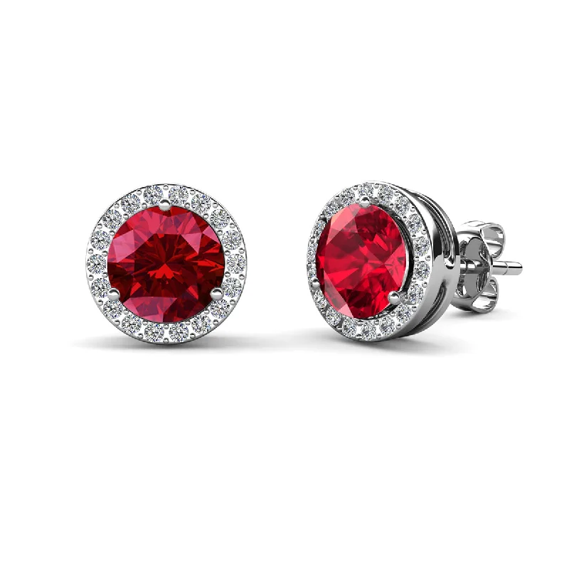 Red Gemstone Earrings-Royal 18k White Gold Plated Birthstone Halo Earrings with Round Cut Swarovski Crystals