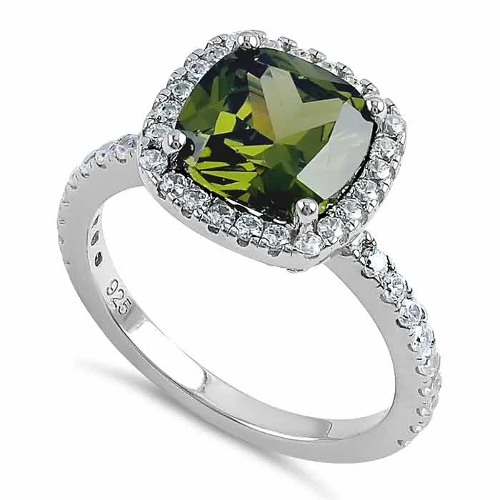 Wedding Ring Sets-Sterling Silver Cushion Cut Peridot and Clear CZ Ring