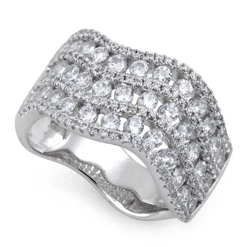 Crystal Wedding Rings-Sterling Silver Elegant Triple Wave Clear CZ Ring