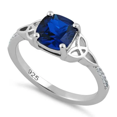 Stackable Engagement Rings-Sterling Silver Square Blue CZ Celtic Ring