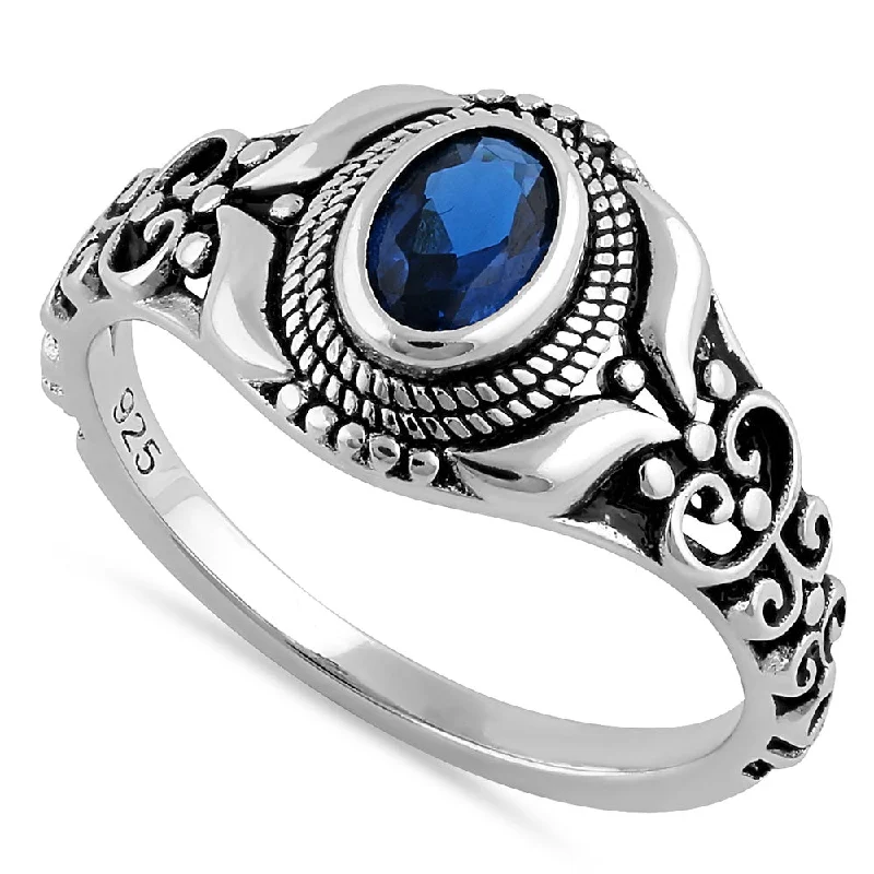 Unique Birthstone Wedding Rings-Sterling Silver Austere Oval Cut Blue Sapphire CZ Ring