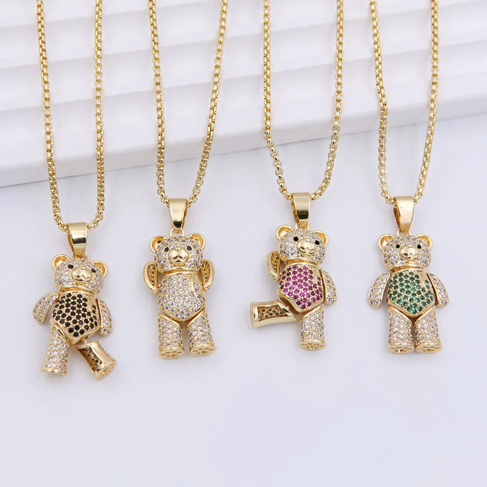 Gold Necklaces-Cute Little Bear Copper 18k Gold Plated Zircon Pendant Necklace In Bulk