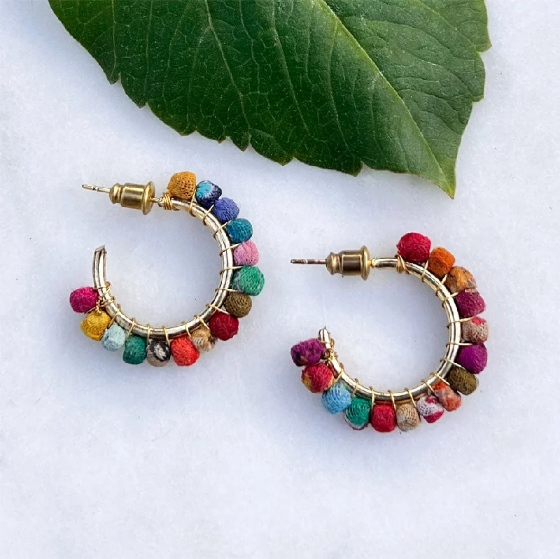 Silver Pearl Drop Earrings-Recycled Sari Hoops - Small, India