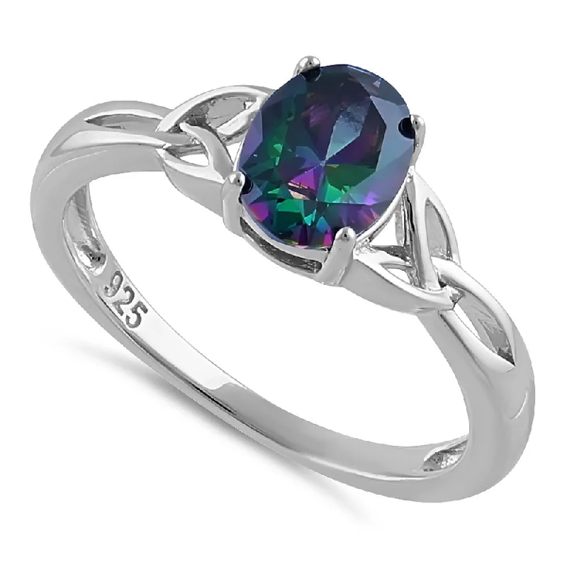 Retro Engagement Rings-Sterling Silver Charmed Oval Rainbow CZ Ring