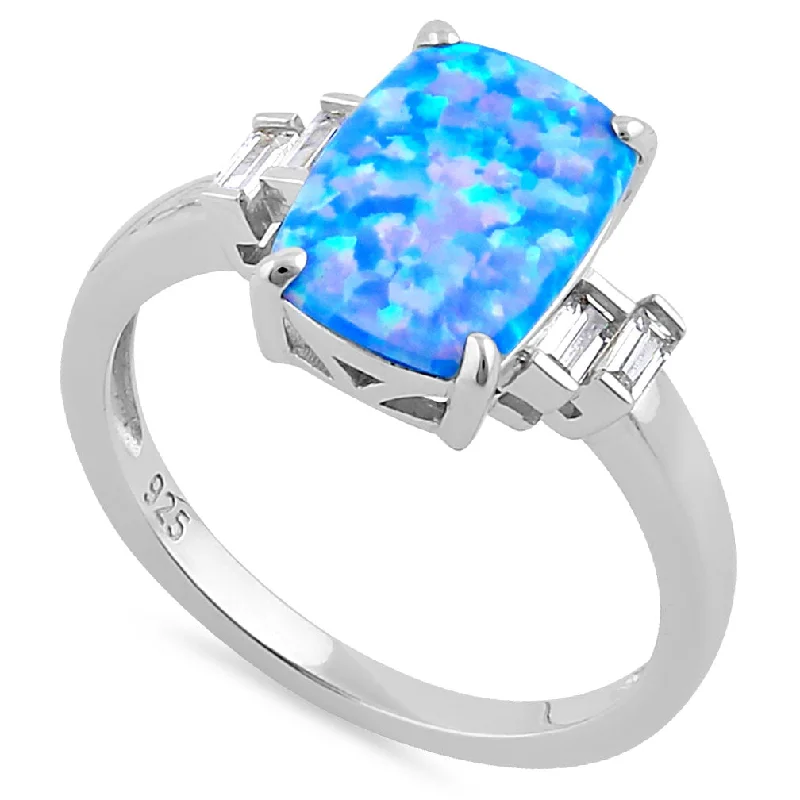 Platinum Wedding Bands-Sterling Silver Blue Lavender Lab Opal Rectangular Ring