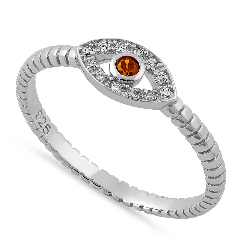 Promise Ring with Birthstone-Sterling Silver Red Orange Stone Evil Eye CZ Ring