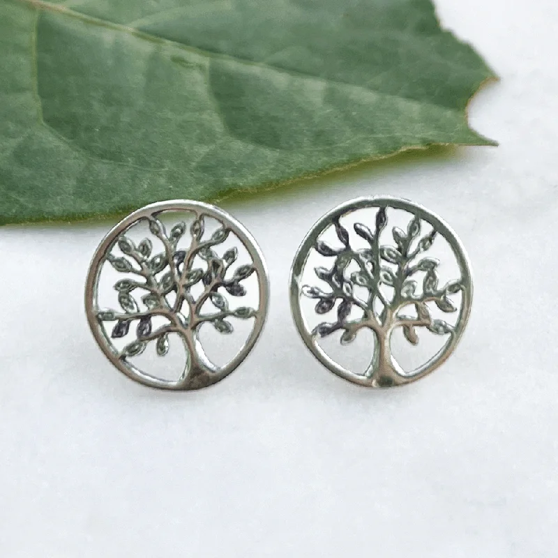 Gold and Crystal Earrings-Tree of Life Post Earrings - Sterling Silver, Indonesia