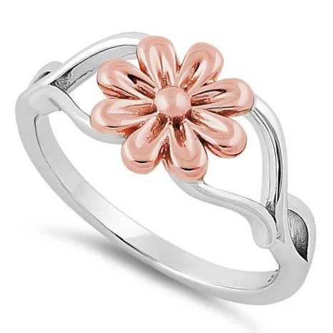 Affordable Gemstone Rings-Sterling Silver Rose Gold Two Tone Daisy Flower Ring