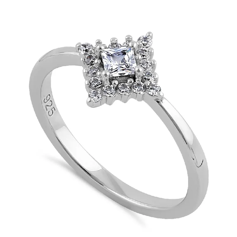 Affordable Promise Rings-Sterling Silver 3mm Clear CZ Princess Halo Engagement Ring