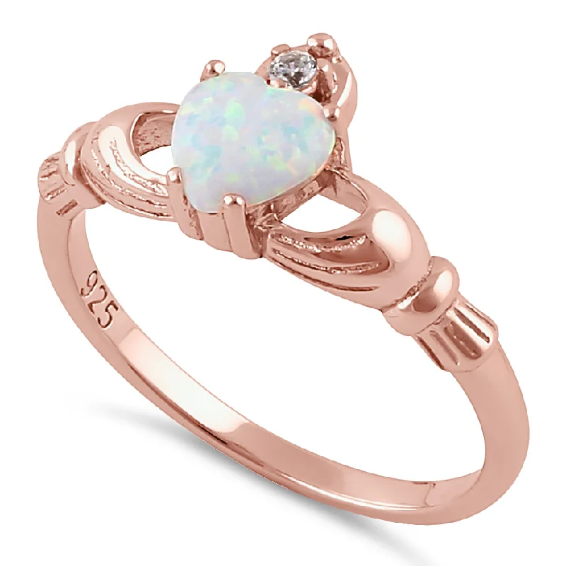 Custom Promise Band Rings-Sterling Silver Rose Gold Claddagh White Lab Opal CZ Ring