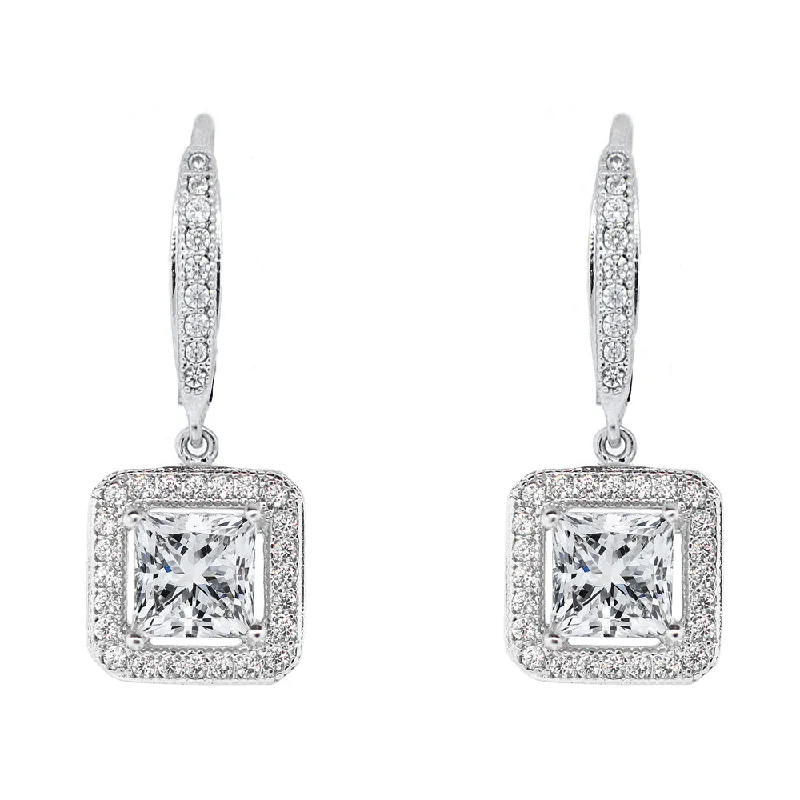 Sparkling Hoop Earrings-Ivy 18k White Gold Plated Halo Drop Earrings with Princess Cut Simulated Diamond Crystals