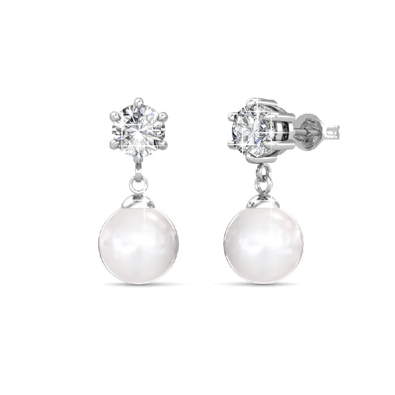 Long Gold Earrings-June 18k White Gold Pearl Drop Earrings with Swarovski Crystals