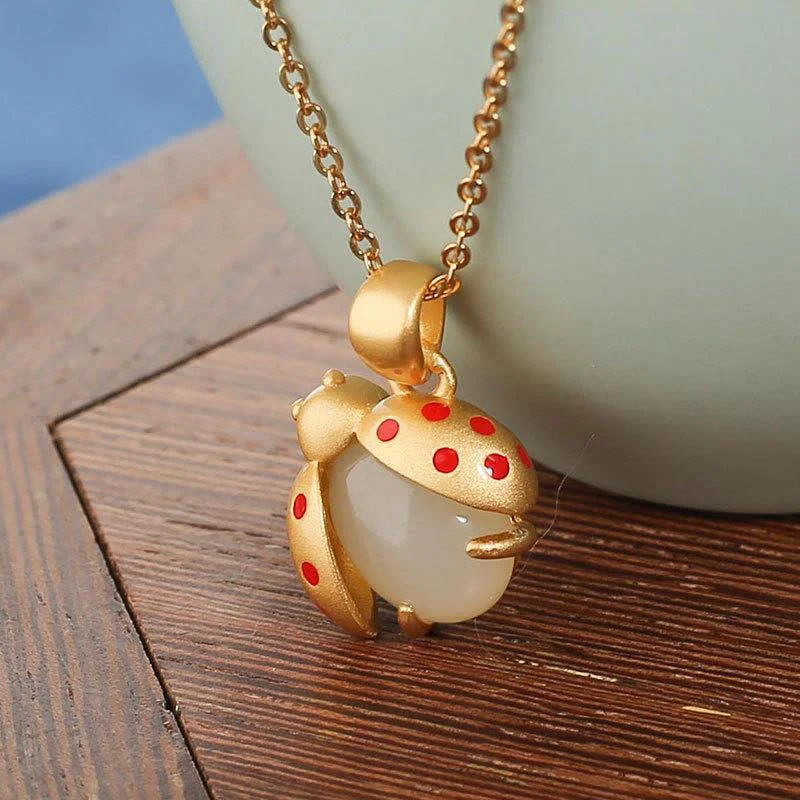 Layered Chain Necklaces-Cute Ladybug Necklace Bracelet Earrings Sand Gold Plated Hetian Jade Necklace Beetle Pendant