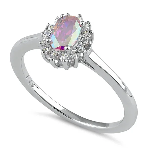 Birthstone Rings for Women-Sterling Silver Oval Iridescent Rainbow Halo CZ Ring