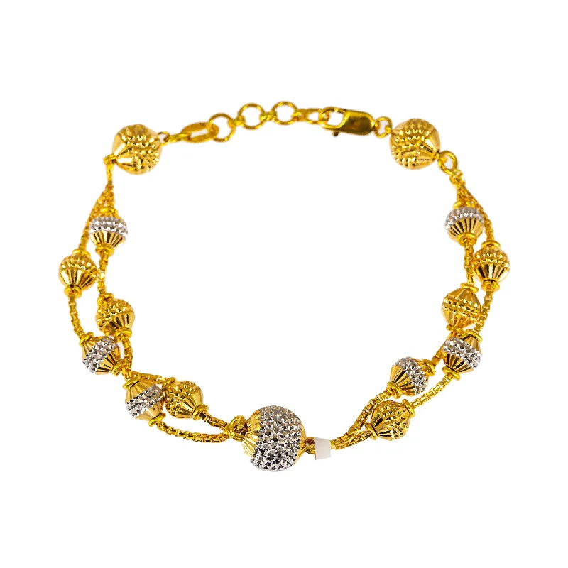 Custom Link Bracelets-22K Multi Tone Gold Bracelet W/ White & Yellow Gold Spindle Beads