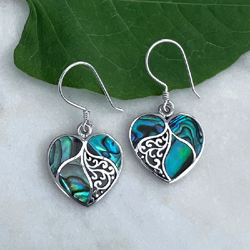 Colored Crystal Earrings-Pre-Order!  Abalone Heart Earrings - Sterling Silver, Indonesia