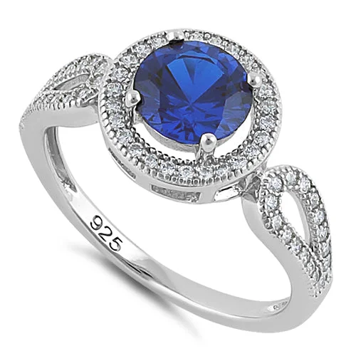 Designer Wedding Bands for Men-Sterling Silver Blue Sapphire CZ Halo Infinity Band Ring