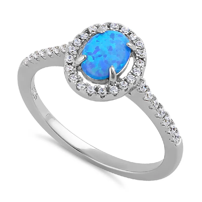 Unique Fashion Rings-Sterling Silver Blue Lab Opal and Clear CZ Oval Halo Ring