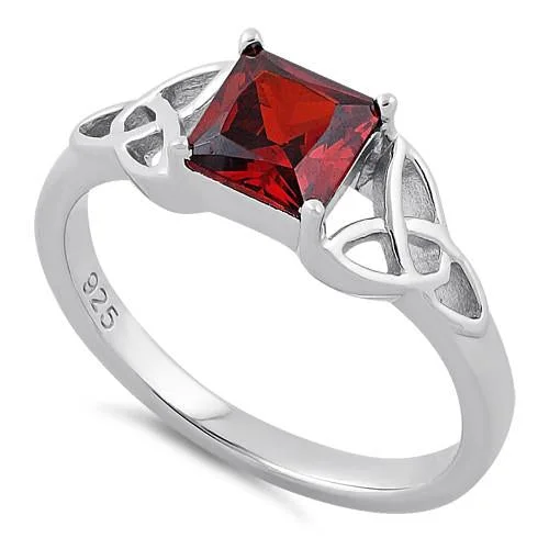 Designer Engagement Bands-Sterling Silver Celtic Garnet Princess Cut CZ Ring