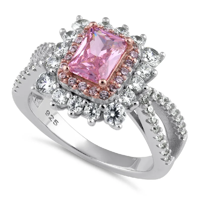 Women’s Engagement Ring Sets-Sterling Silver Pink CZ Halo Ring