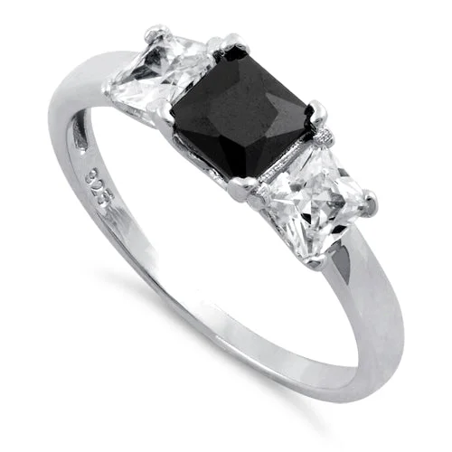 Matching Engagement Rings Sets-Sterling Silver Triple Square Center Black CZ Ring