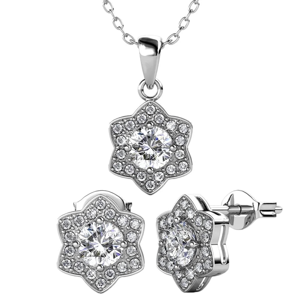 Dainty Earrings-Poppy 18k White Gold Plated Pendant Necklace & Stud Earrings Set with Simulated Diamond Crystals