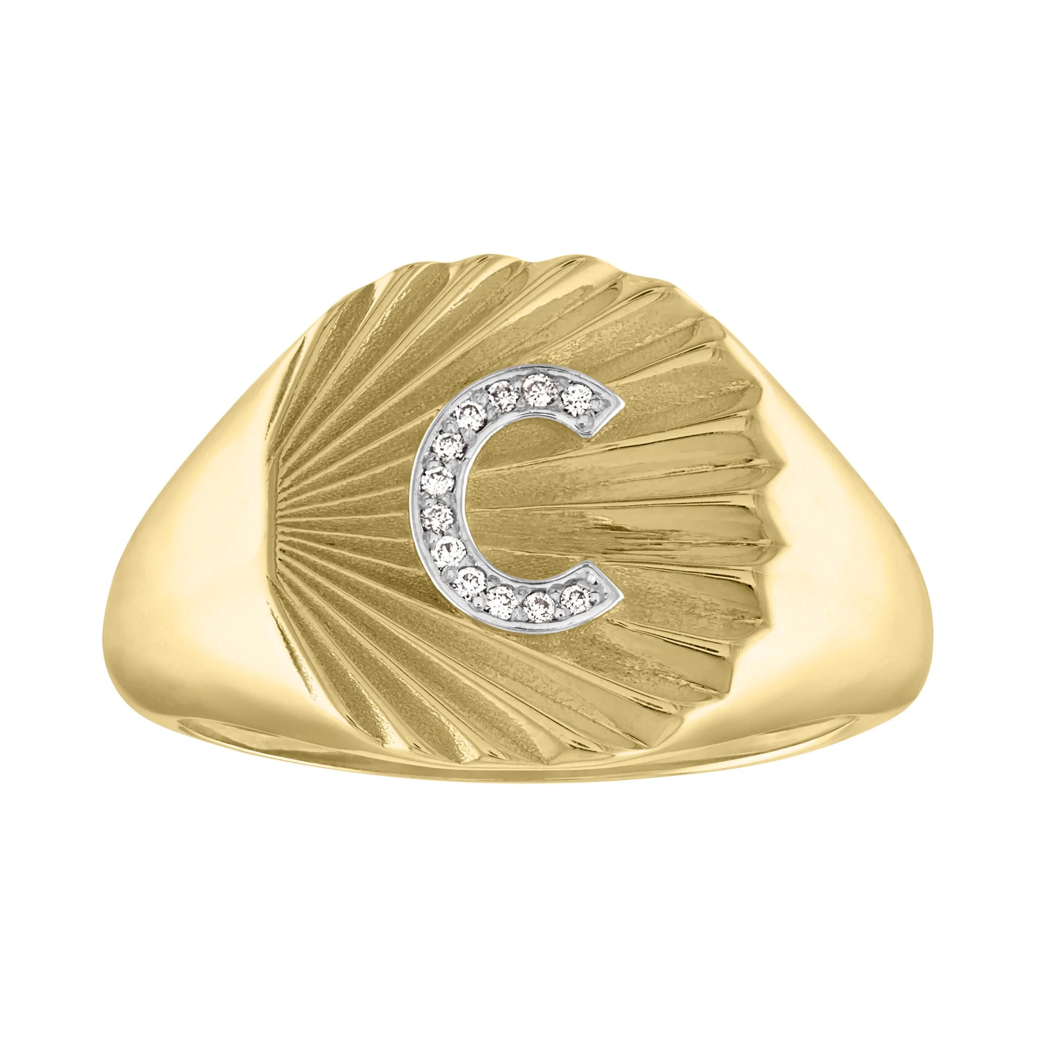 Gold Wedding Ring Sets-Millie Fluted Oval Signet Ring with Diamond Initial