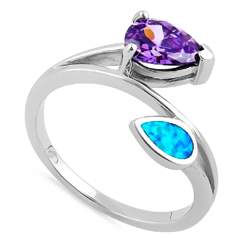 Wedding Rings for Couples-Sterling Silver Blue Lab Opal and Amethyst CZ Ring