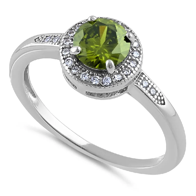 Wedding Ring with Customizable Stones-Sterling Silver Elegant Round Halo Peridot CZ Ring