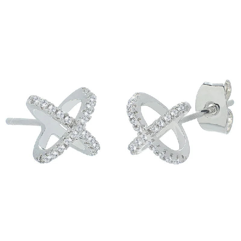 Unique Hoop Drop Earrings-Paige 18k White Gold X-Ring Pave Stud Earrings with Simulated Diamond Crystals