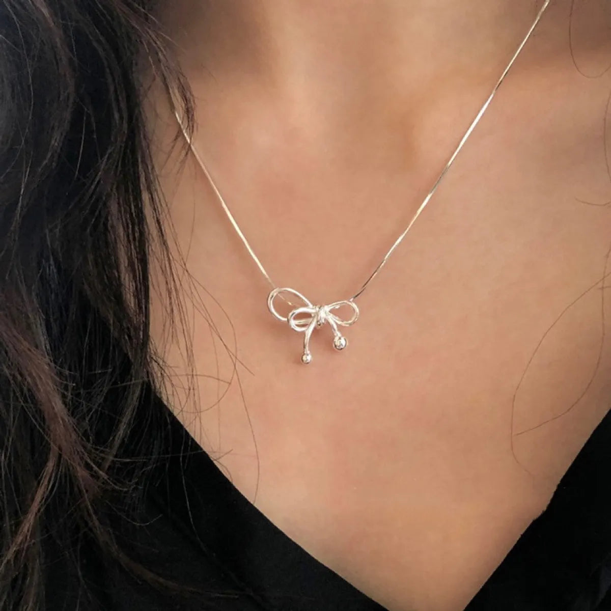 Crystal Pendant Necklaces-Sterling Silver Simple Style Classic Style Bow Knot Plating Pendant Necklace