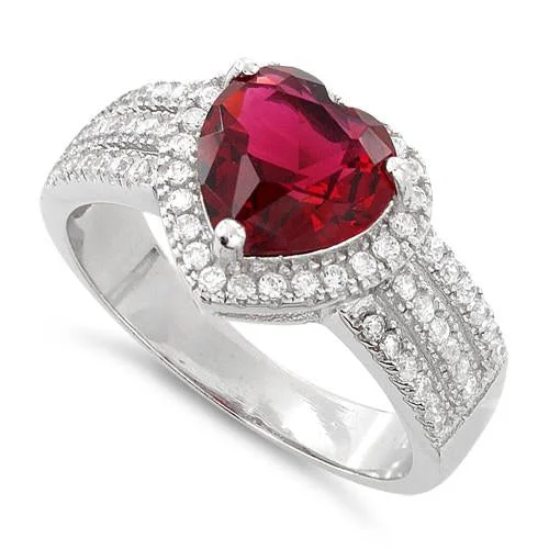 Modern Wedding Bands for Men-Sterling Silver Ruby Heart CZ Ring