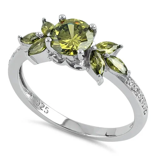 Wedding Bands with Birthstones-Sterling Silver Flower Leaves Peridot CZ Ring