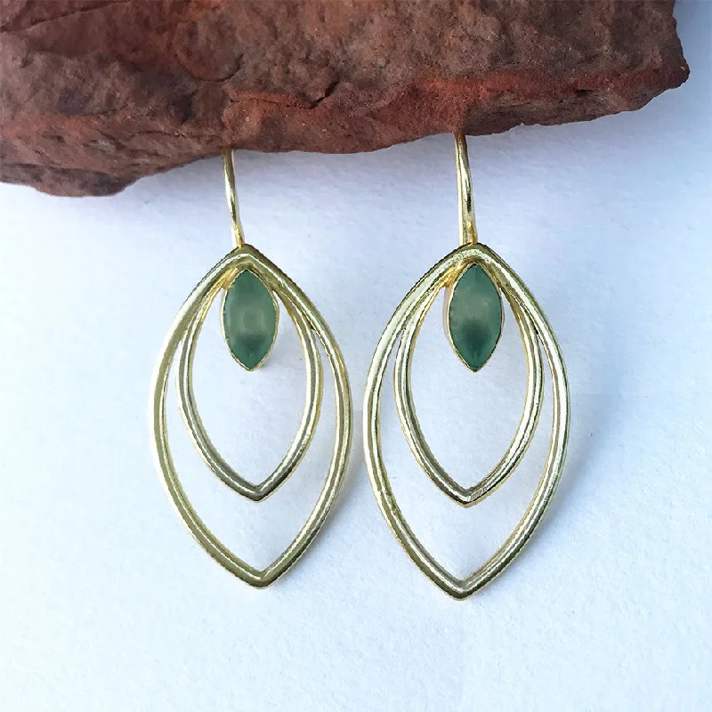 Small Silver Stud Earrings-Double Leaf Earrings - Gold/Chalcedony, India