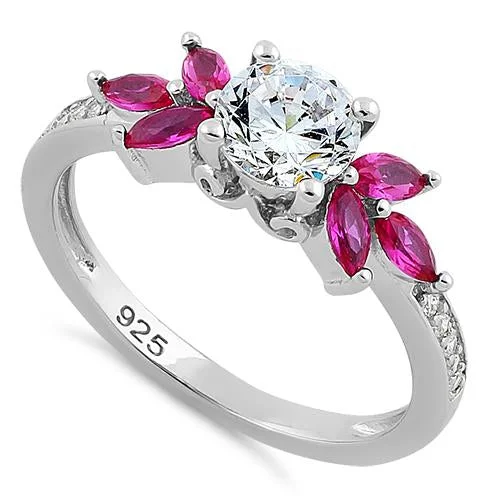 Vintage Wedding Bands-Sterling Silver Flower Leaves Ruby Clear CZ Ring