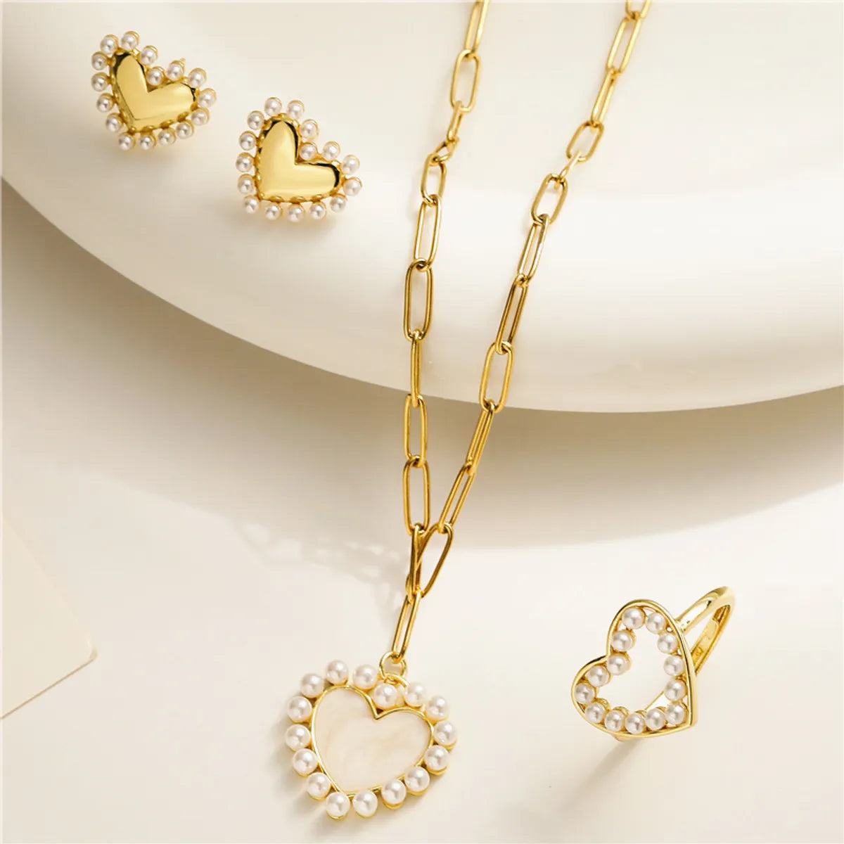 Sterling Silver Necklaces-Elegant Vacation Simple Style Heart Shape Copper 18k Gold Plated Artificial Pearls Rings Necklace In Bulk