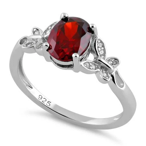 Silver Engagement Rings-Sterling Silver Double Butterfly Dark Garnet Center Stone CZ Ring