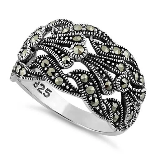 Custom Promise Rings-Sterling Silver Unique Waves Marcasite Ring