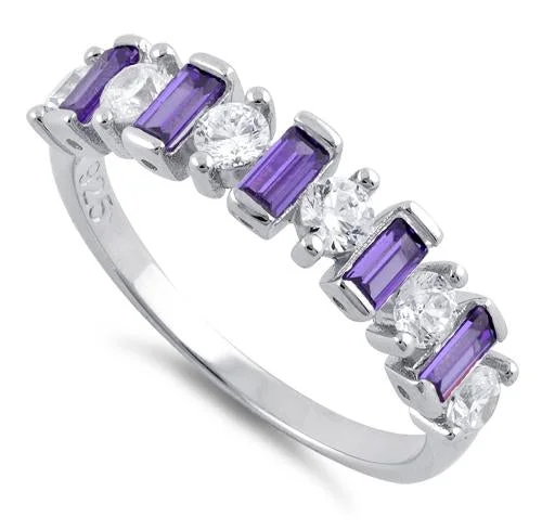 Gemstone Promise Wedding Rings-Sterling Silver Round & Baguette Amethyst CZ Ring