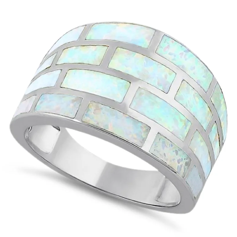 Designer Wedding Rings for Men-Sterling Silver Bricks White Lab Opal Ring