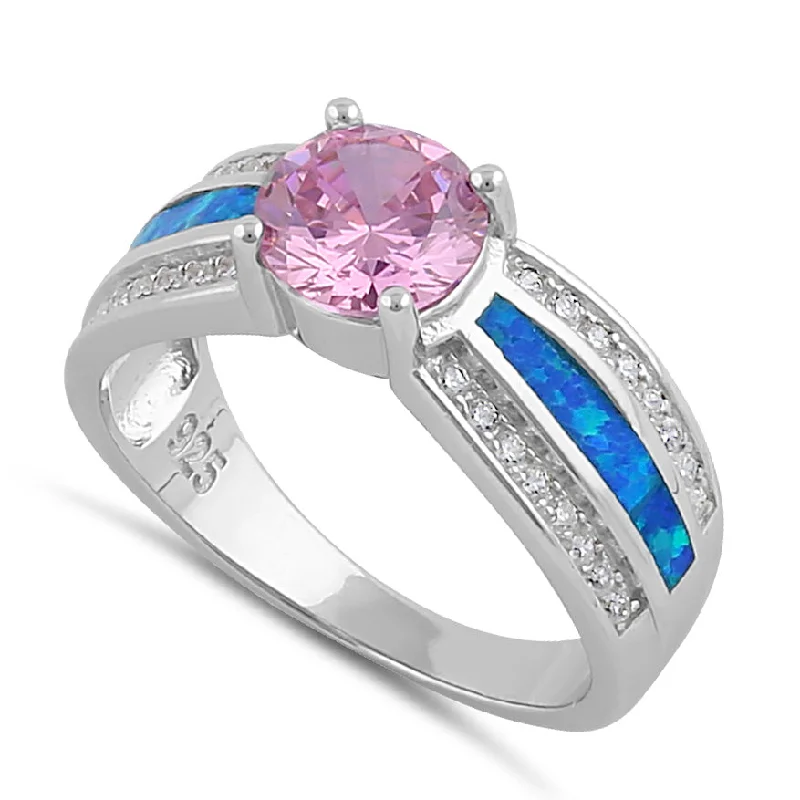 Custom Gemstone Promise Rings-Sterling Silver Lab Opal Round Pink CZ Ring