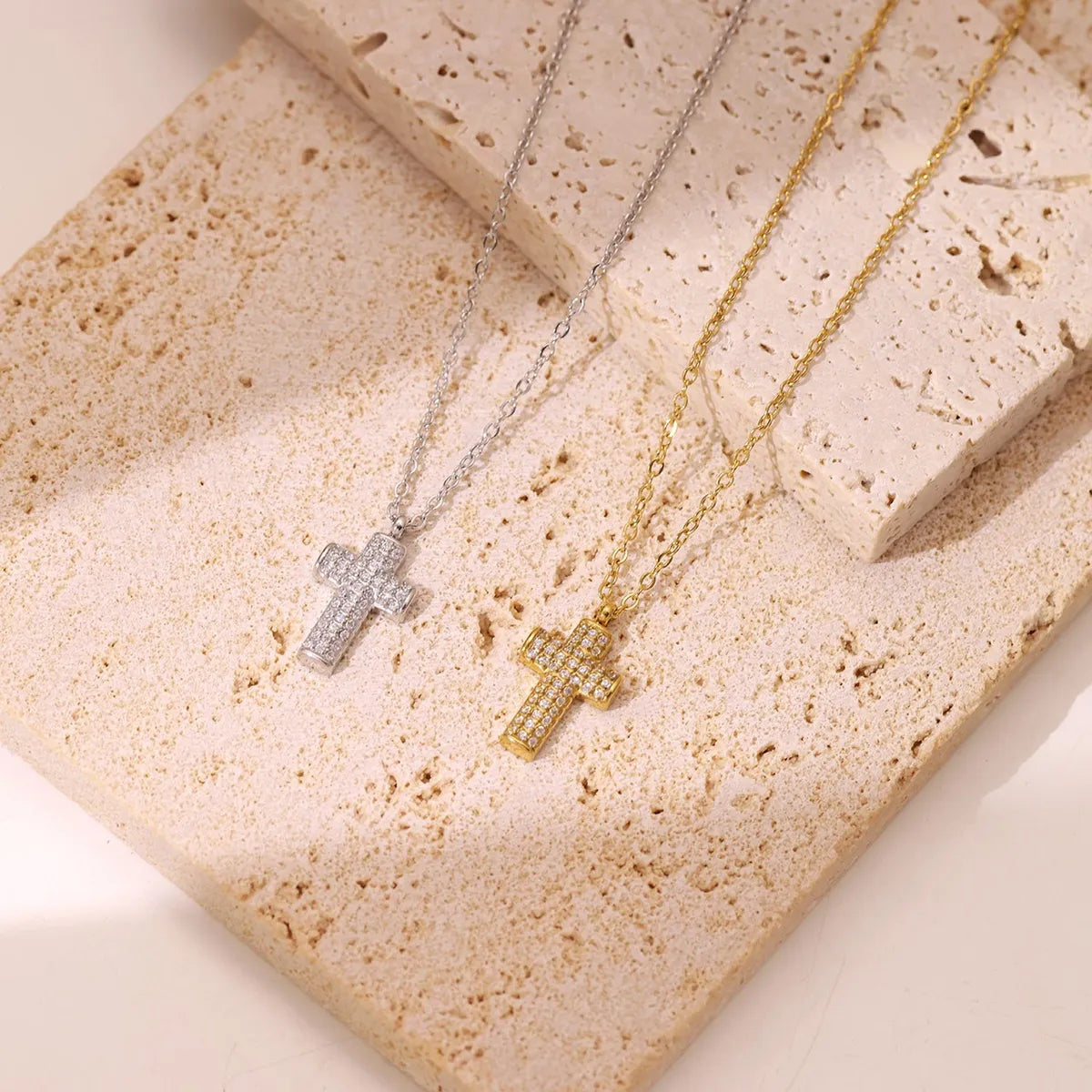 Colorful Gemstone Necklaces-304 Stainless Steel White Gold Plated Gold Plated Elegant Luxurious Simple Style Inlay Cross Zircon Pendant Necklace