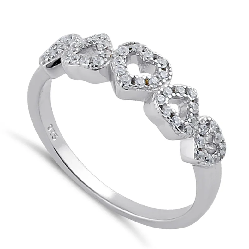 Classic Diamond Wedding Bands-Sterling Silver Clear CZ Row of Hearts Ring